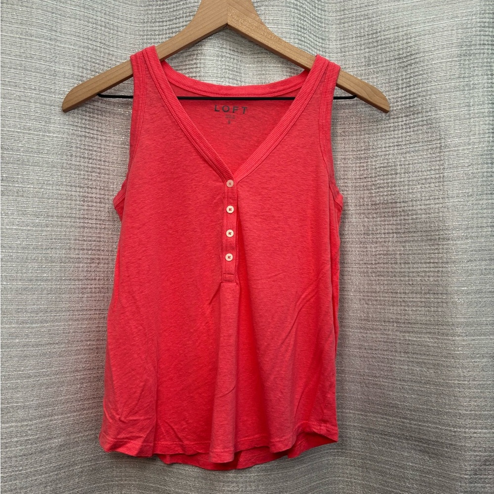 LOFT | Watermelon Pink Henley Button V-Neck Linen Blend Tank Top | S
